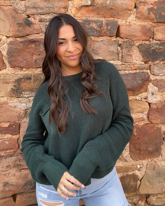 Tops | Sweater Dark Green Pocket Detailed Crew Neck