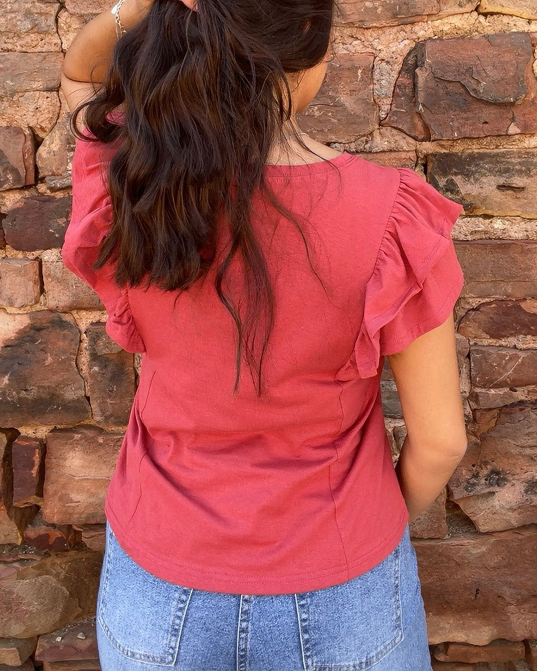 Tops | Blouse Rust Double Ruffled Short Sleeve