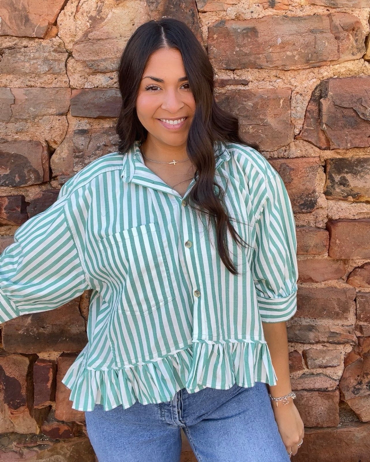 Tops | Blouse Woven Cotton Striped Button Down Ivory Green