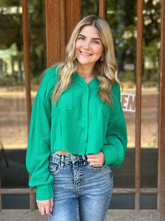 Tops | Blouse Kelly Green Long Sleeve Button Up