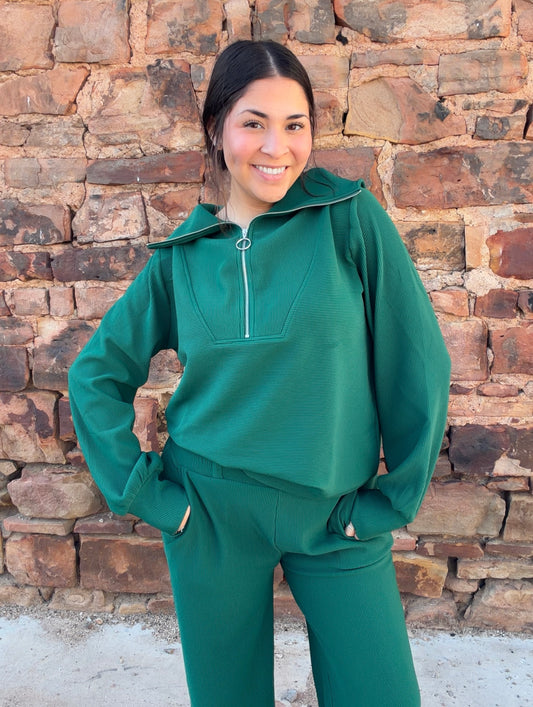 Sets | Hunter Green Pullover & Pants Ribbed High Neck Half Zip