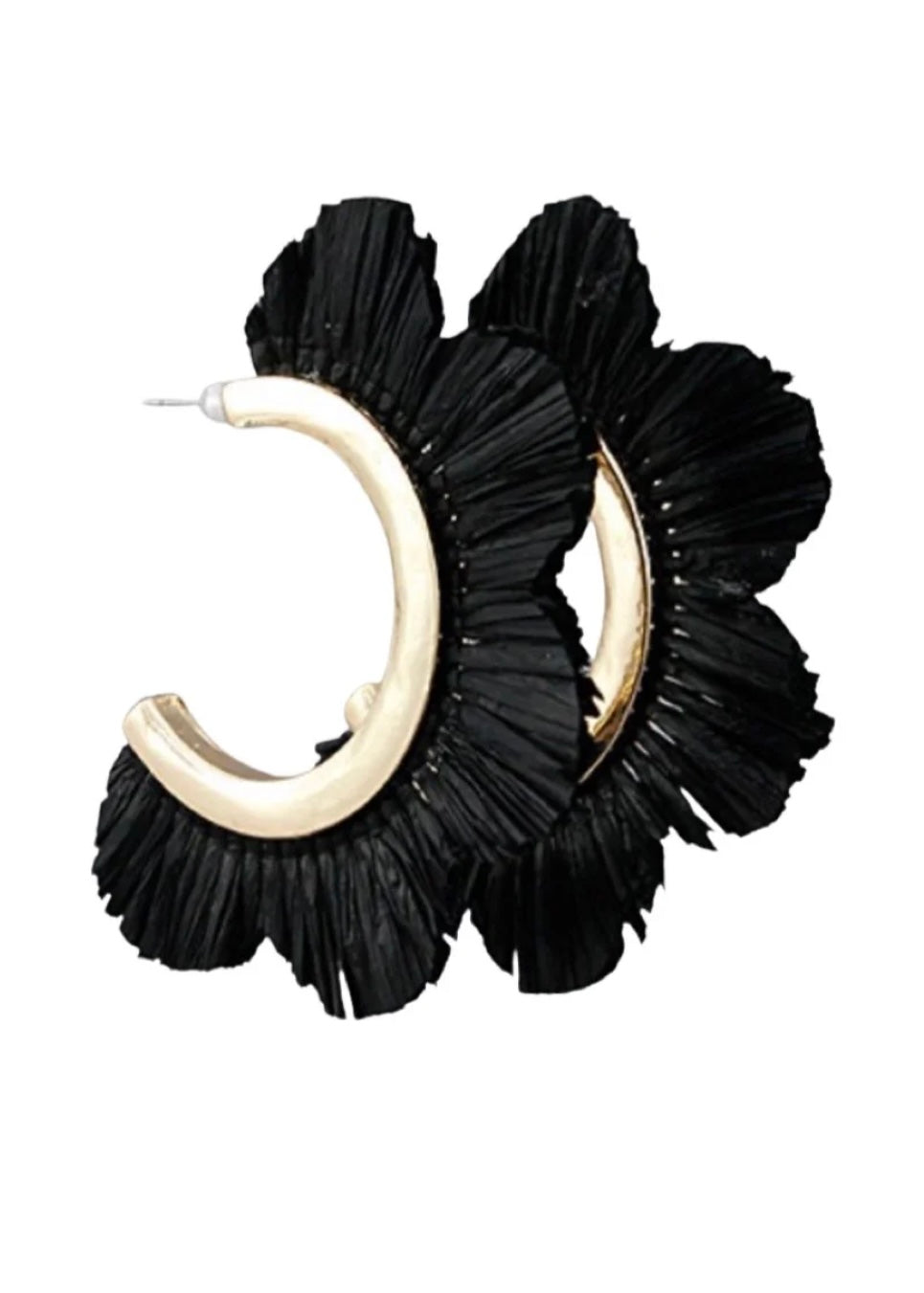 Earrings | Black Raffia Petal Hoop Earrings - Scalloped Hoops