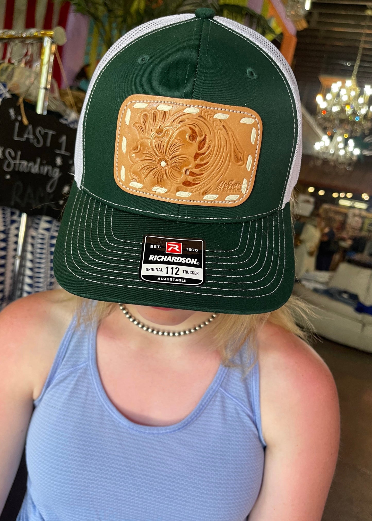 McIntire Saddlery | Cap Hunter Green/White Floral White Buckstitch