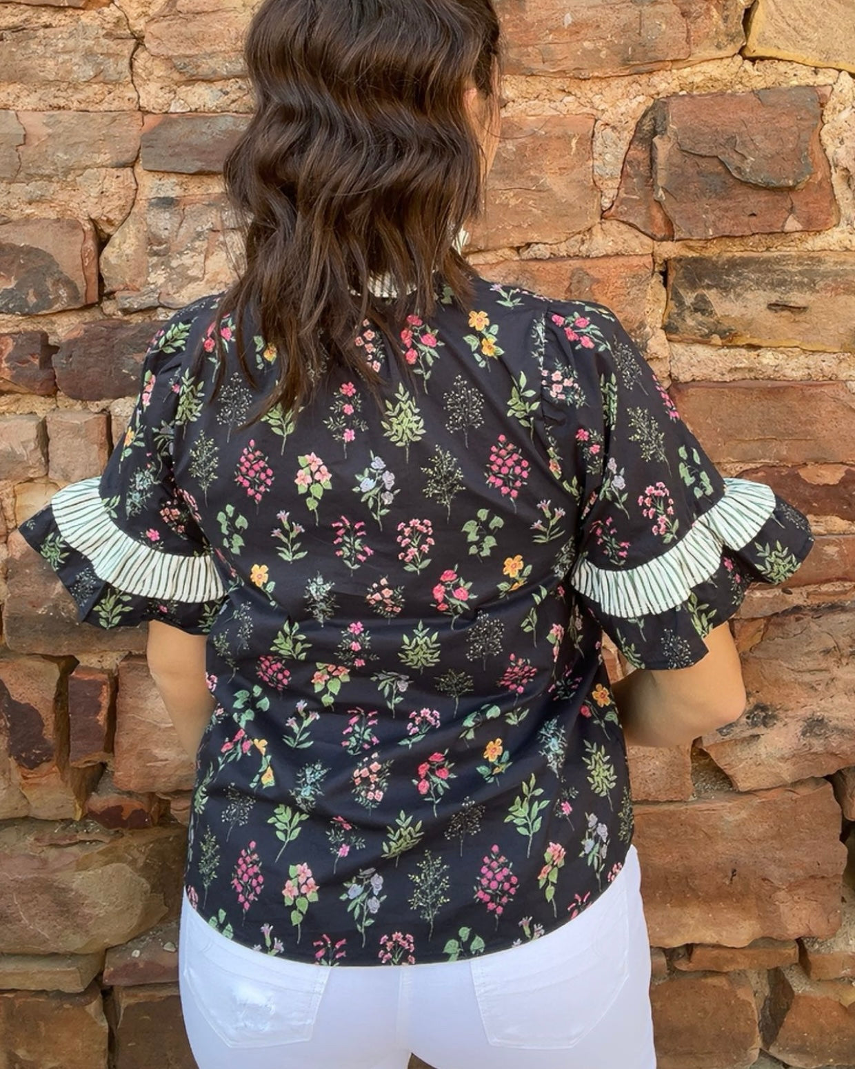 Tops | Blouse Black Multi Floral White/Green Stripe Ruffle Button Up