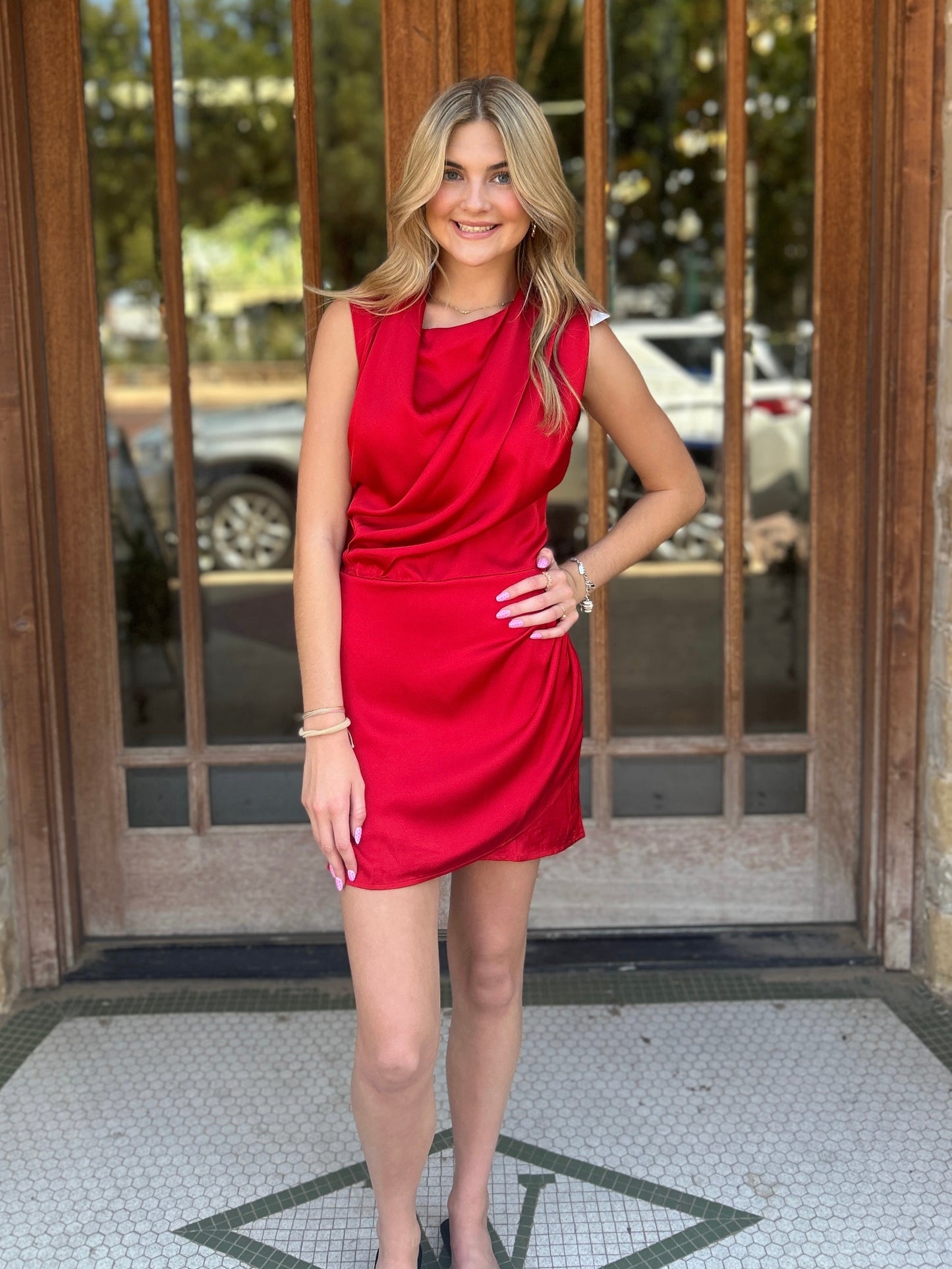 Dress | Draped Neckline Sleeveless Satin Crimson