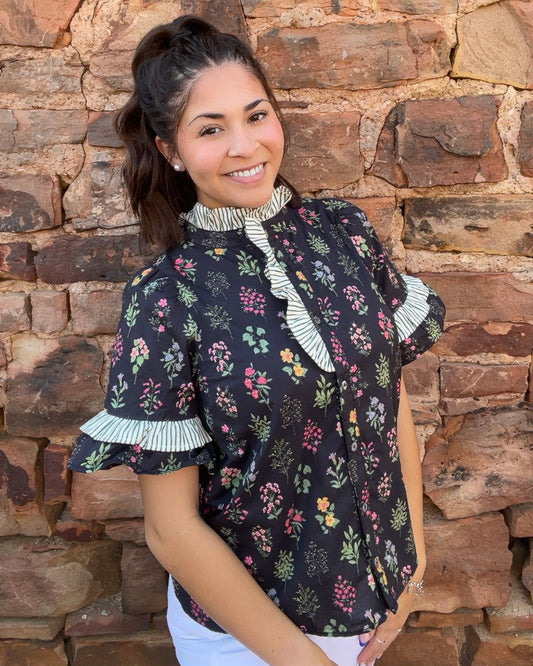 Tops | Blouse Black Multi Floral White/Green Stripe Ruffle Button Up