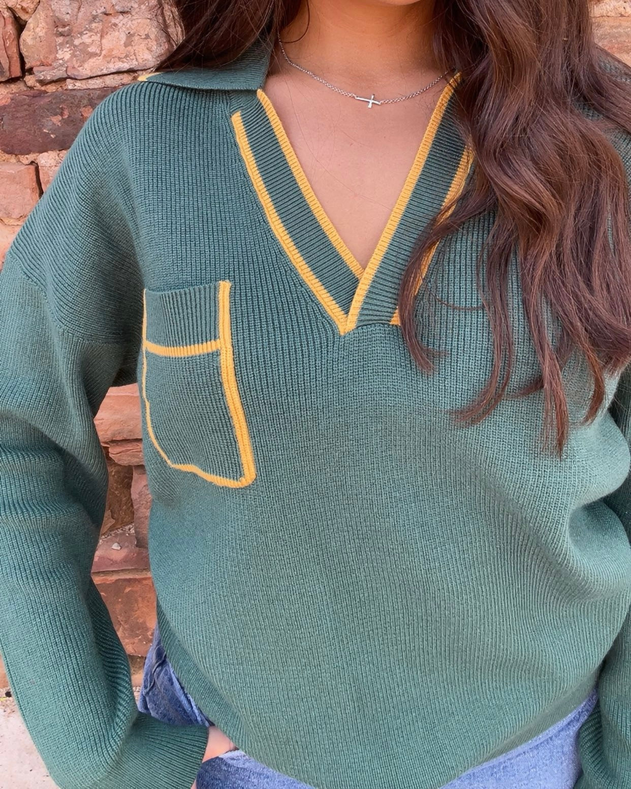 Tops | Sweater Ribbed Collared Green Mustard