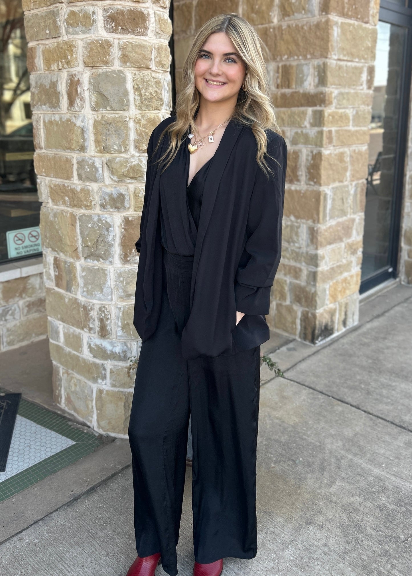 Jacket | Woven 3/4 Ruched Sleeve Open Front Classic Blazer