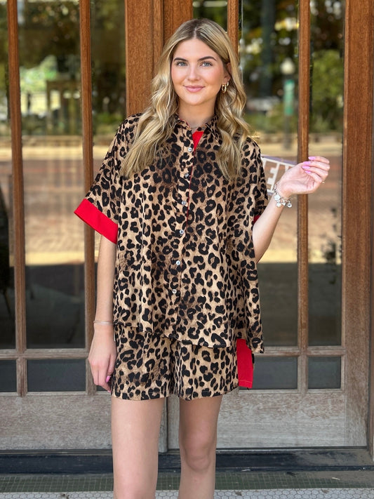 Sets | Leopard Printed Shirt and Short W/Red Contrast Bands