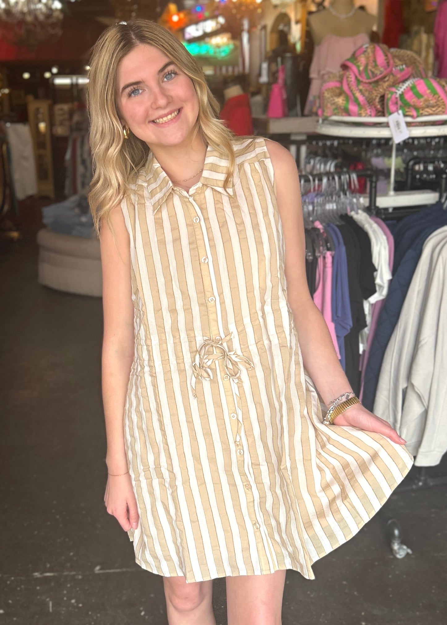 Dress | Beige Striped Sleeveless Shirt Dress