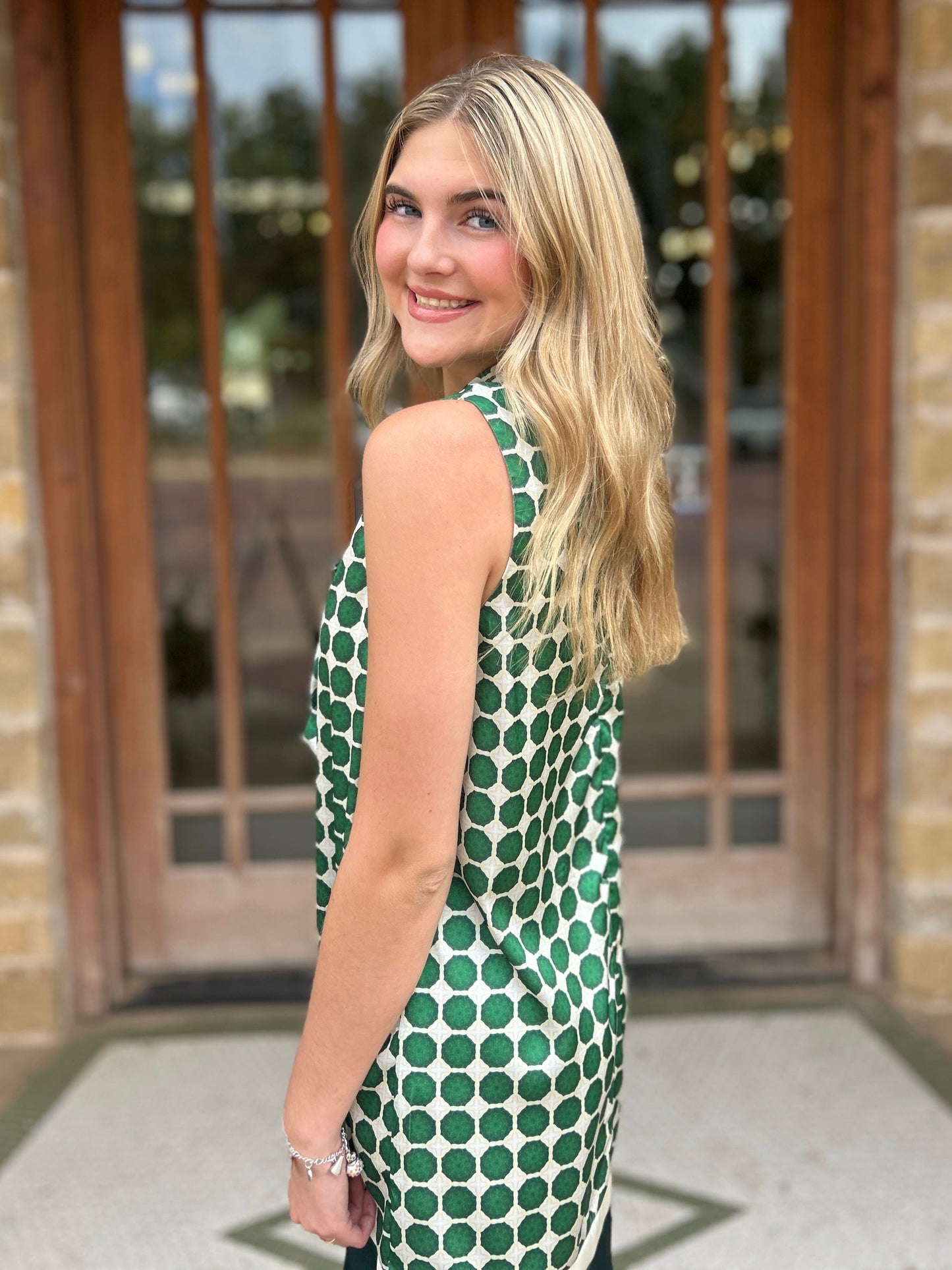 Dress | Mini Green Geometric Print With Solid Contrast Hem Sleeveless