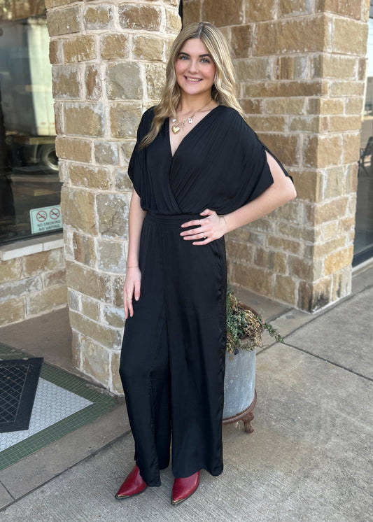 Jumpsuits | Black Split Sleeve Satin Elastic Waist