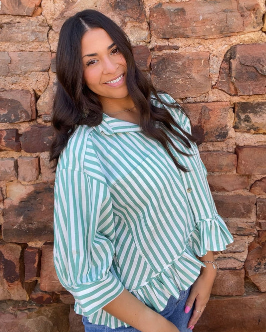 Tops | Blouse Woven Cotton Striped Button Down Ivory Green