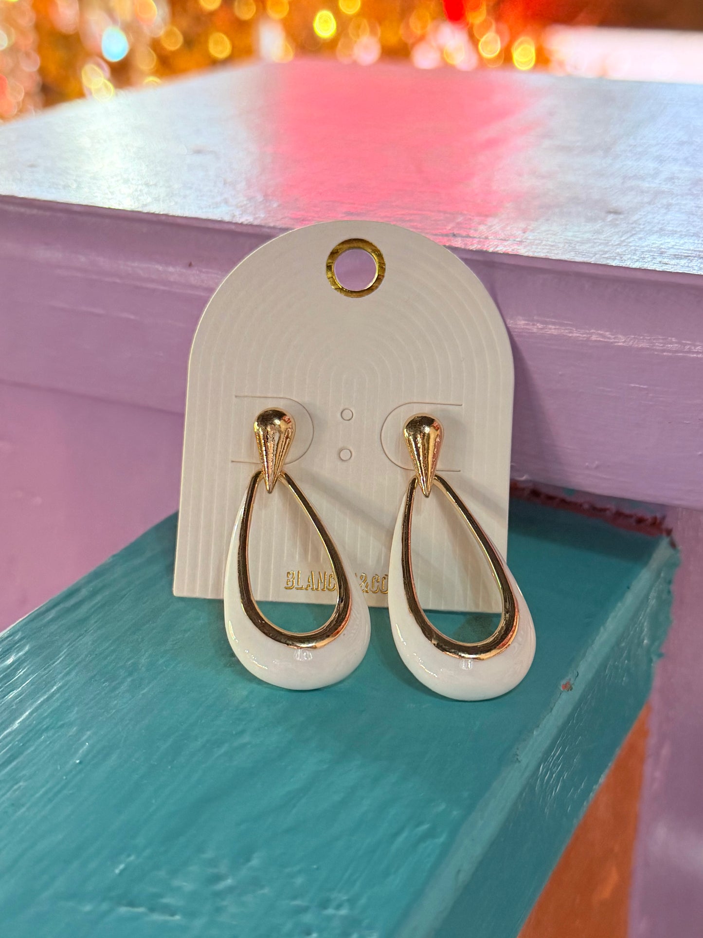 Earrings - Gold/White Epoxy Teardrop