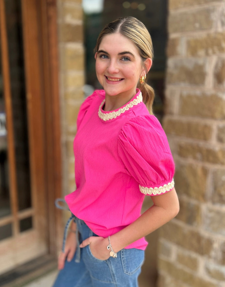 Tops | Blouses Hot Pink W/White Embroidered Trim Puff Sleeve Round Neck