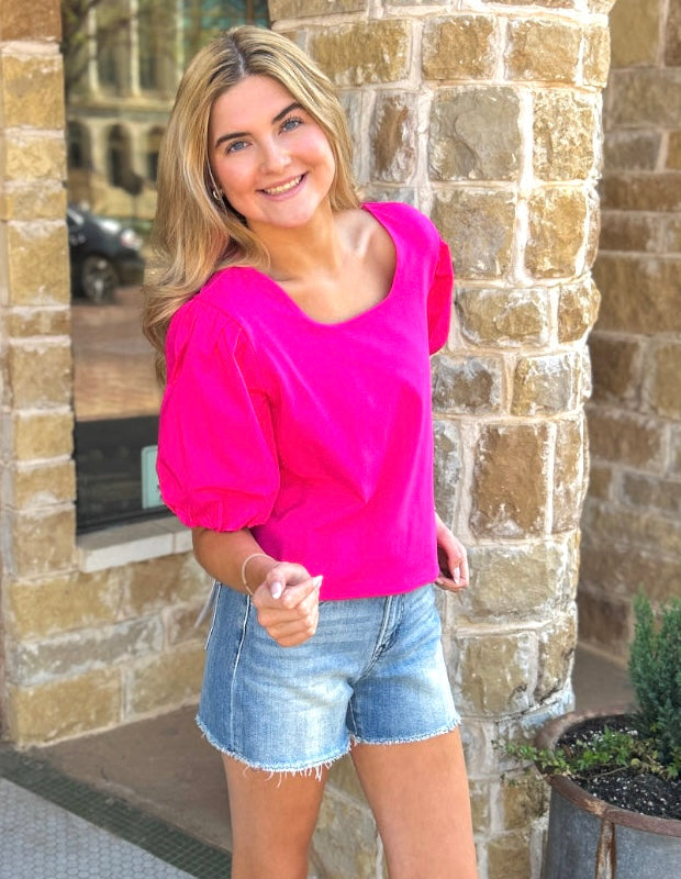 Tru Luxe Square Neck Knit Top W Poplin Sleeves