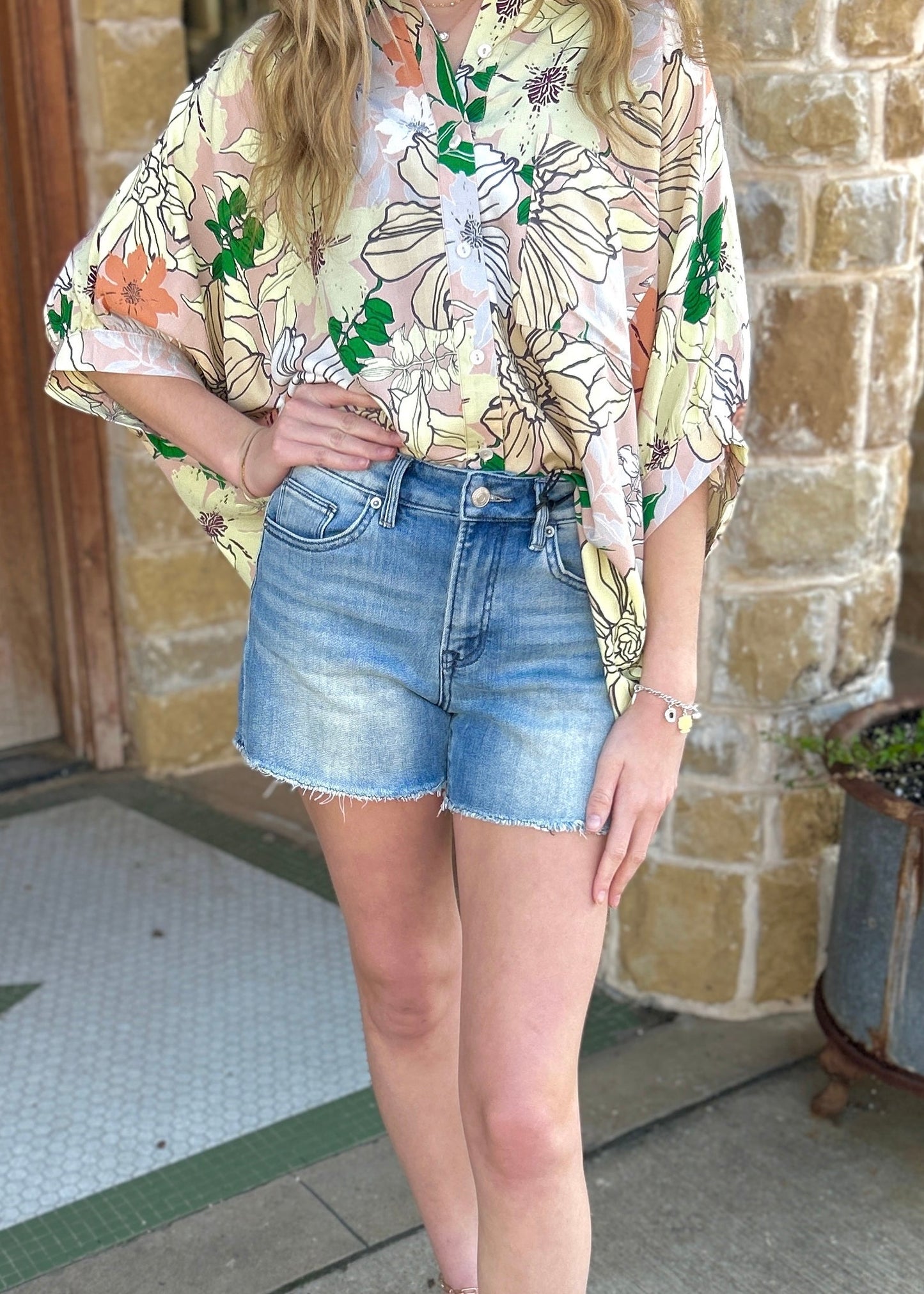 Mica Denim High Rise Frayed Hem Shorts