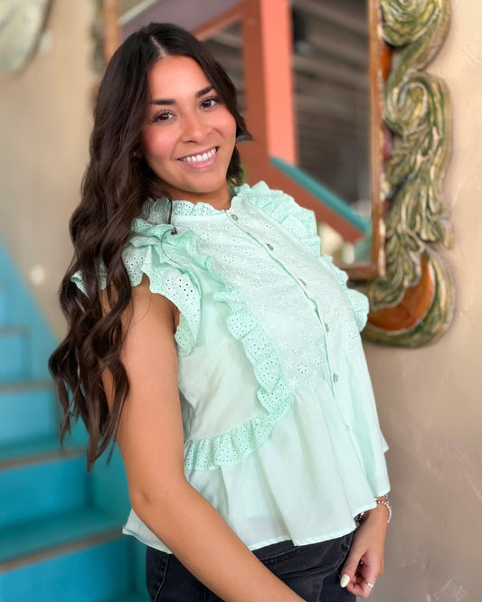 Jelly Mint Eyelet Ruffle Blouse