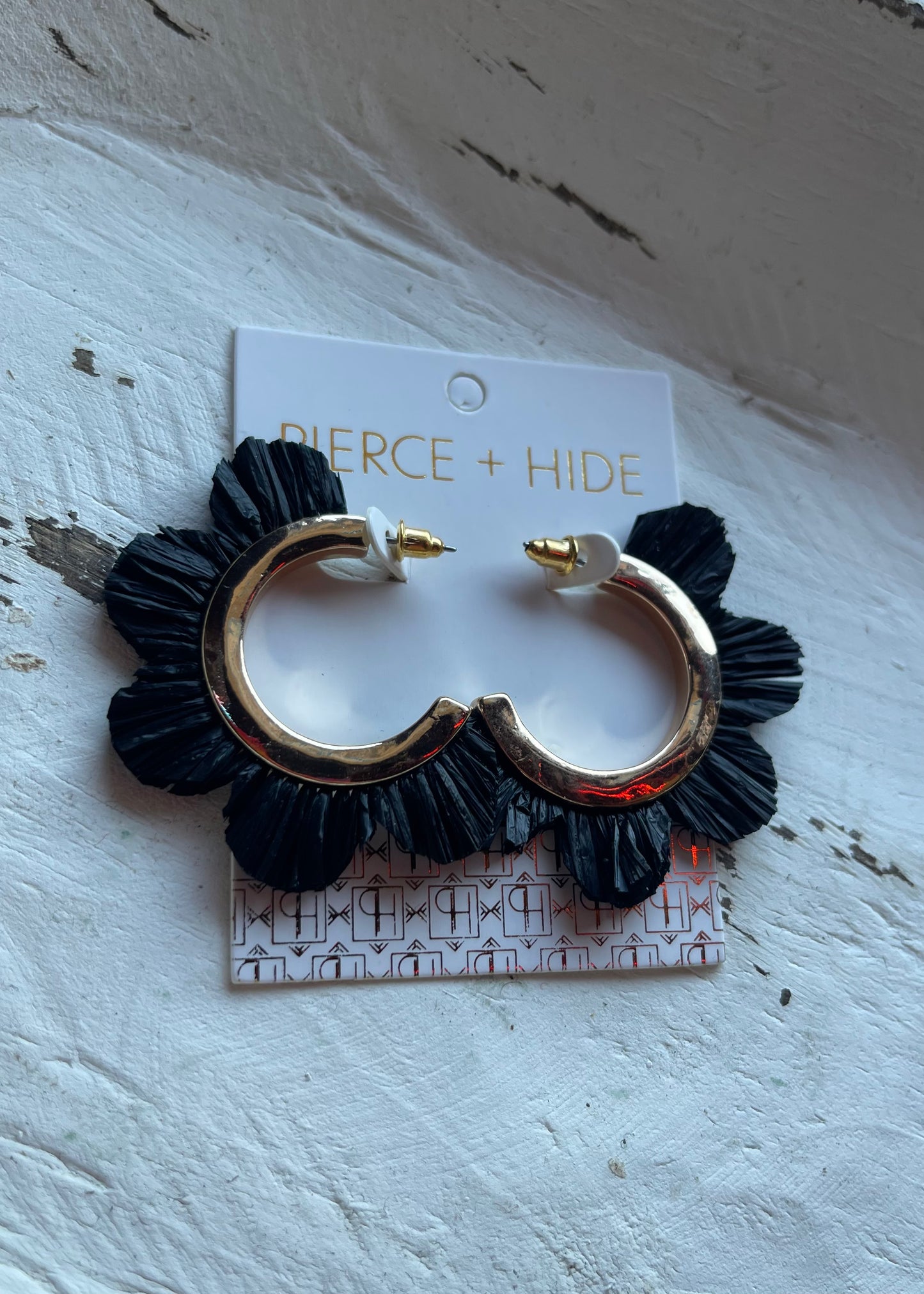 Earrings | Black Raffia Petal Hoop Earrings - Scalloped Hoops