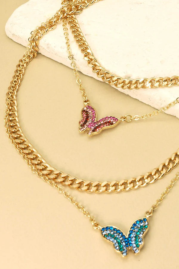 Necklaces | Rhinestone Butterfly Double Chain Necklace