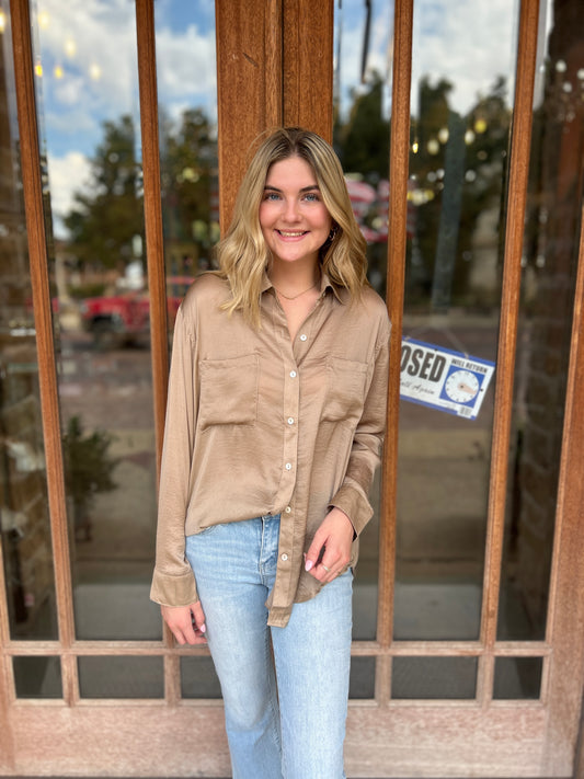 Tops | Blouse Khaki Silky Button Down Long Sleeve