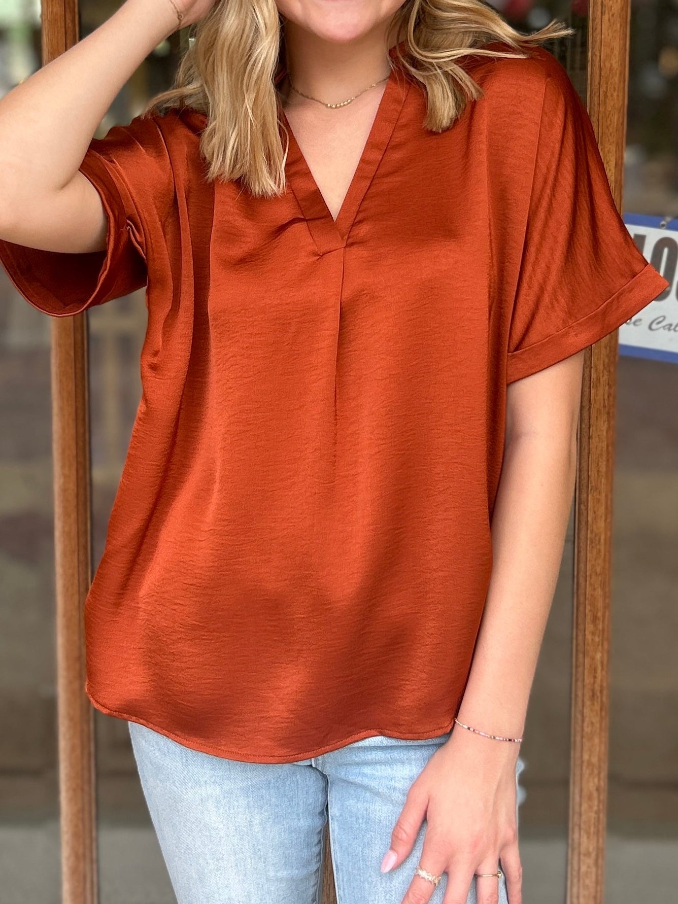 Tops | Blouse Rust V-Neck Placket Cuffs Sleeve