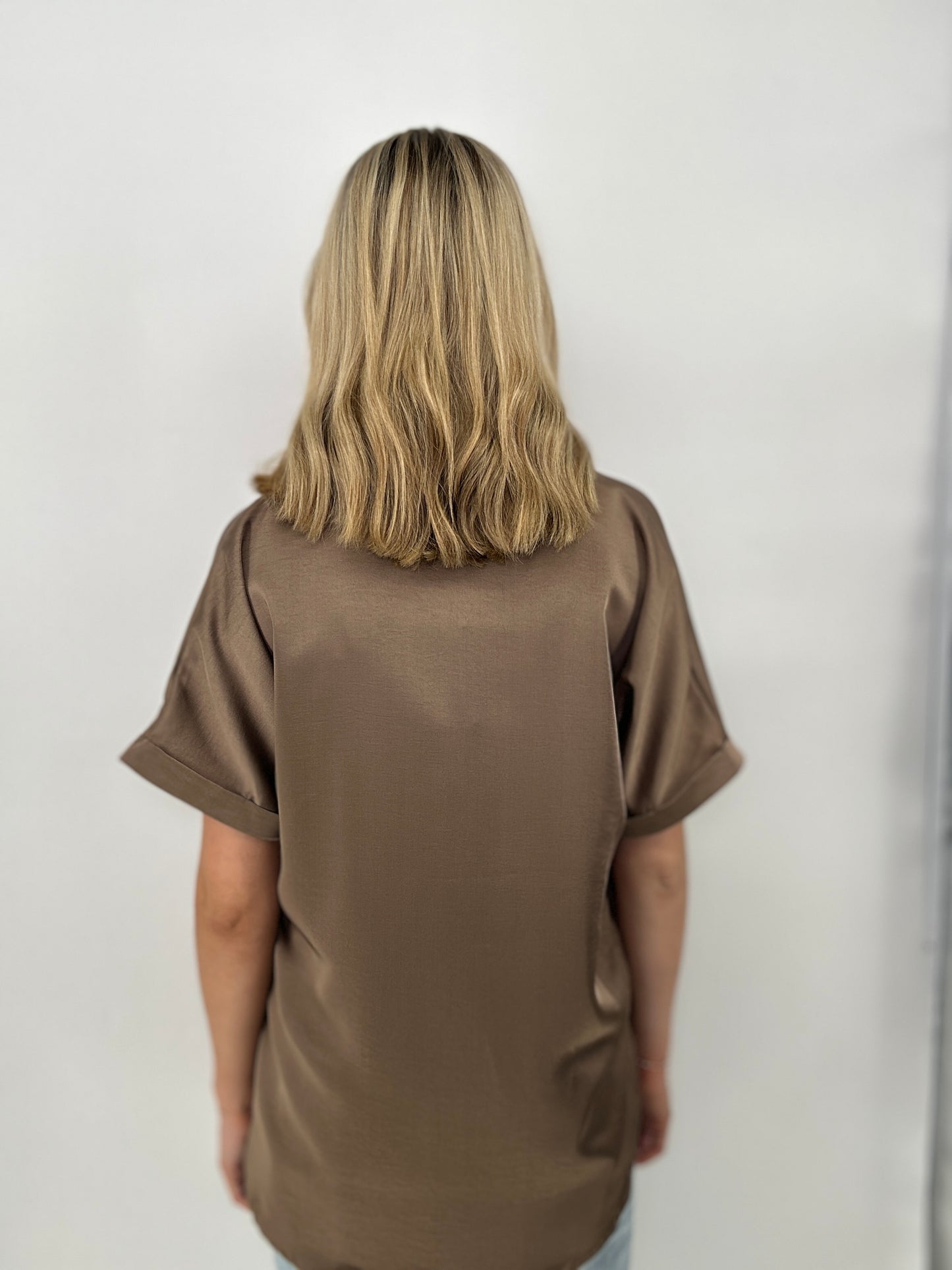 Tops | Blouse Mocha V-Neck Placket Cuffs Sleeve