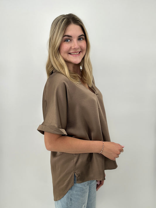 Tops | Blouse Mocha V-Neck Placket Cuffs Sleeve