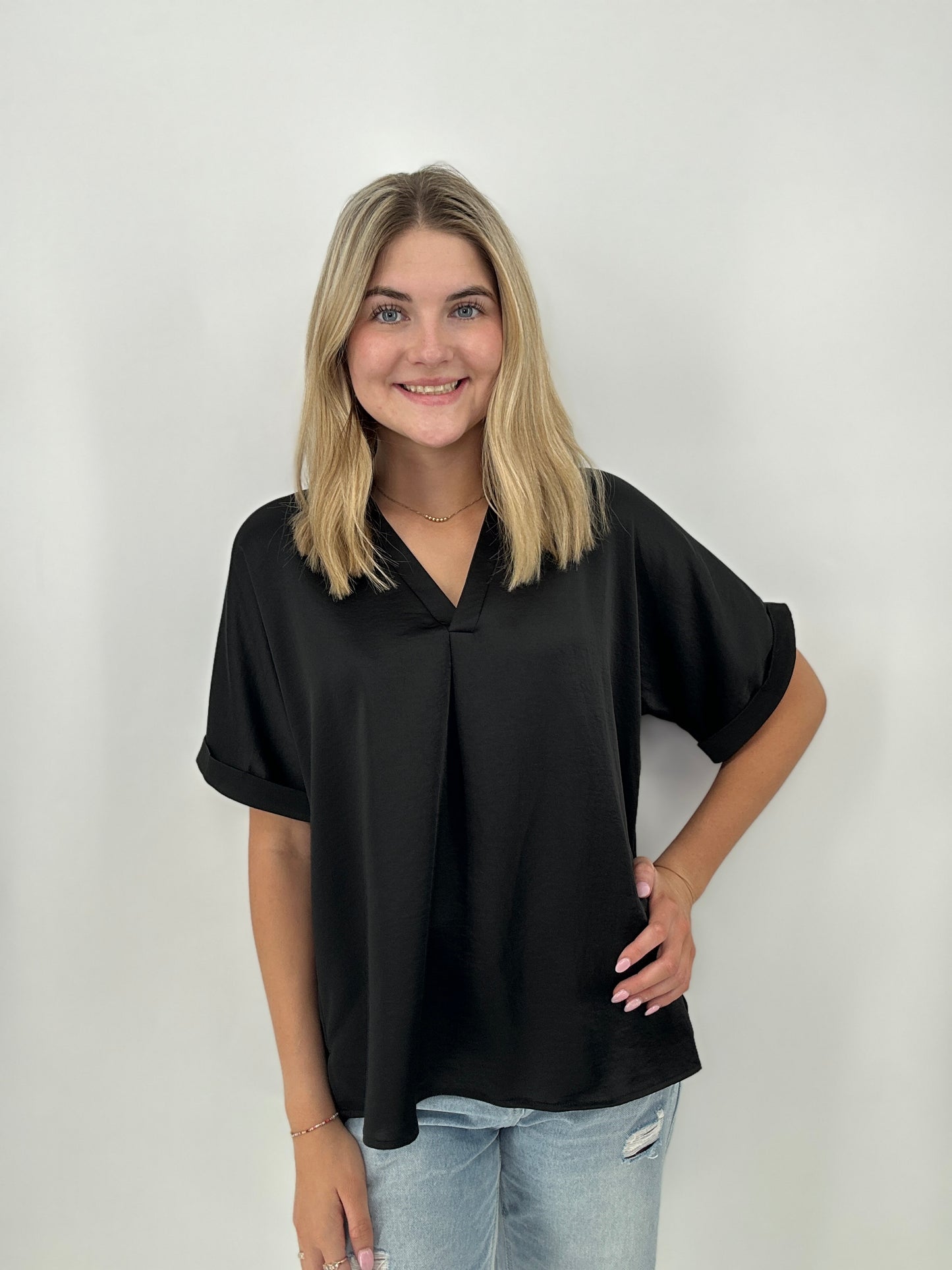 Tops | Blouse Black V-Neck Placket Cuffs Sleeve