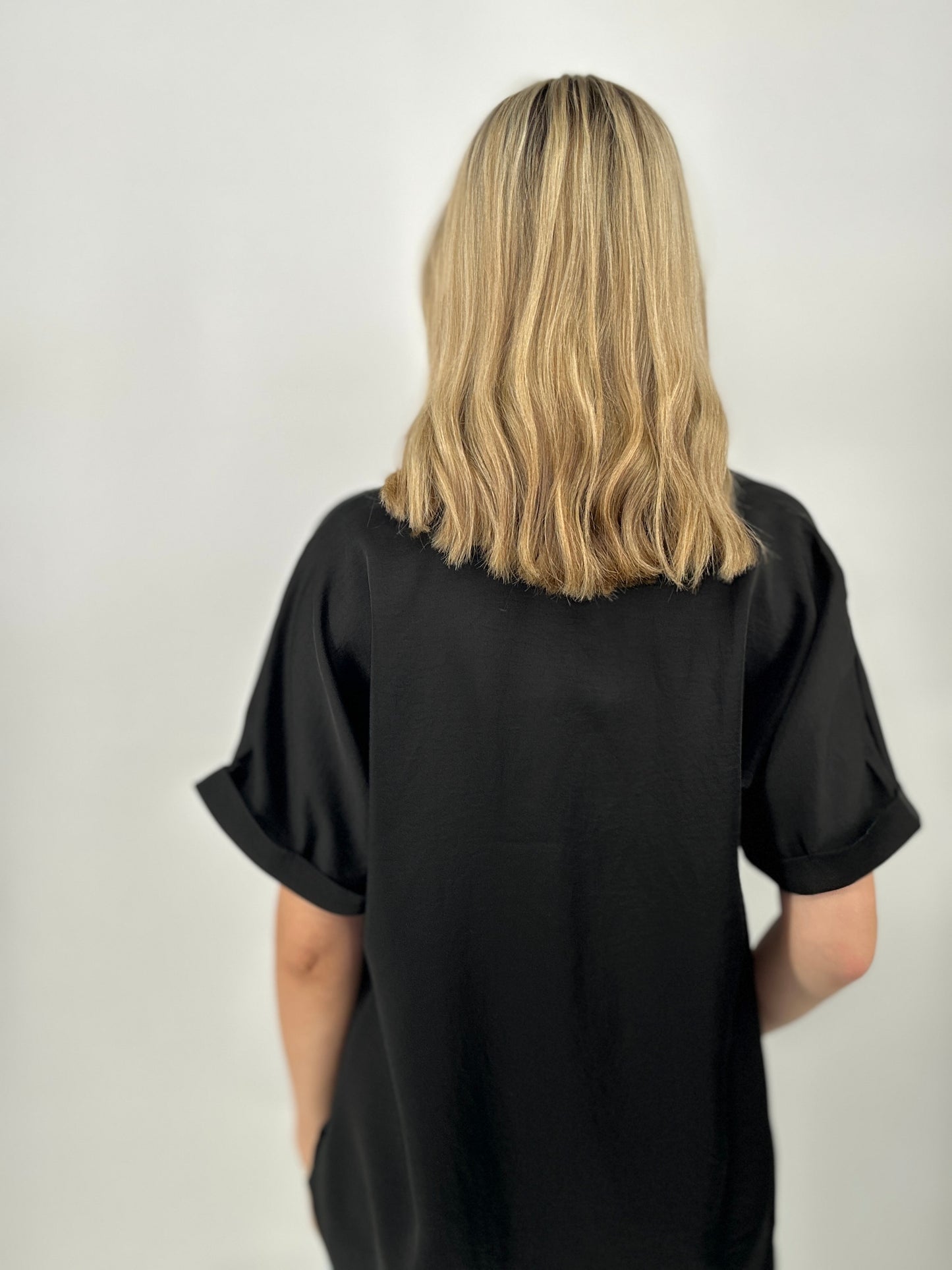 Tops | Blouse Black V-Neck Placket Cuffs Sleeve