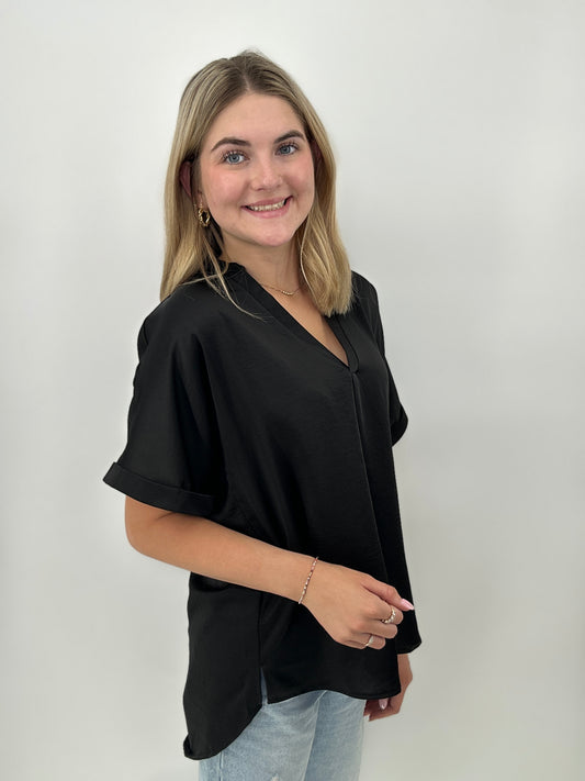 Tops | Blouse Black V-Neck Placket Cuffs Sleeve