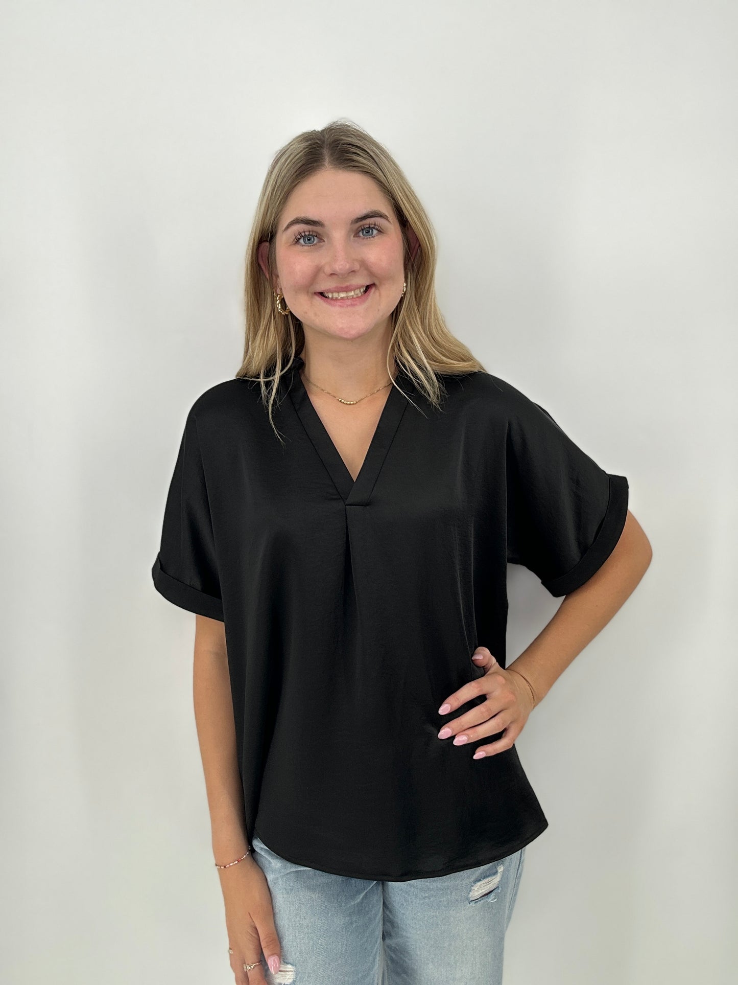 Tops | Blouse Black V-Neck Placket Cuffs Sleeve