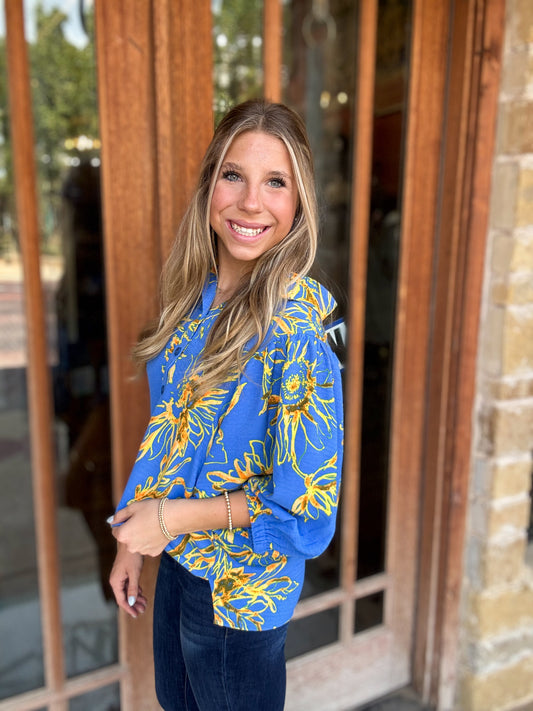 Tops | Blouse Blue/Gold Floral Printed Puff Mid Sleeve