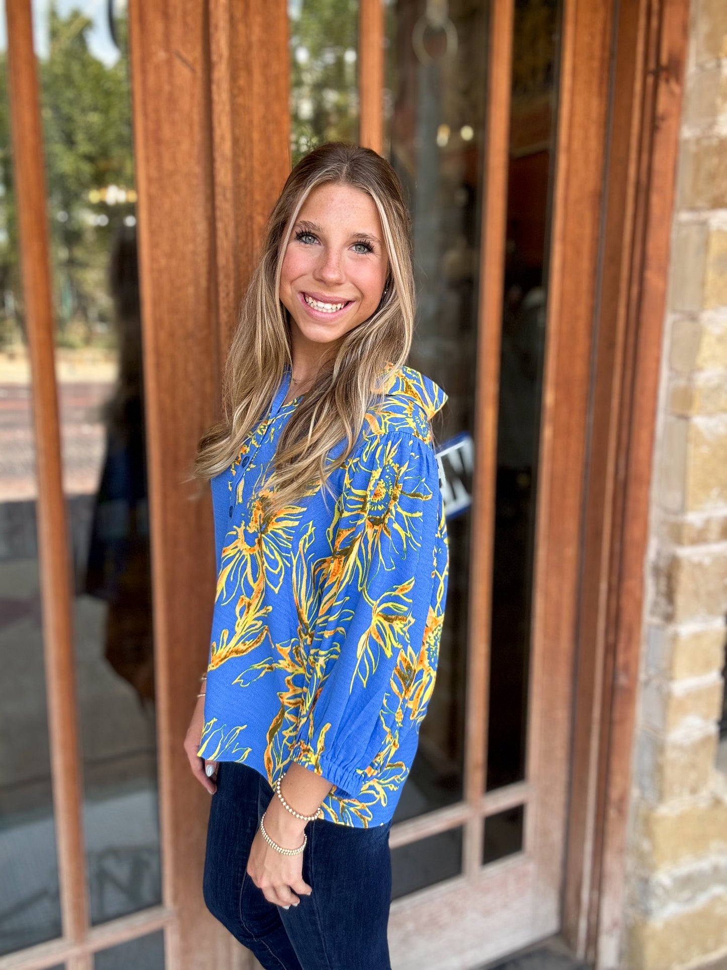 Tops | Blouse Blue/Gold Floral Printed Puff Mid Sleeve