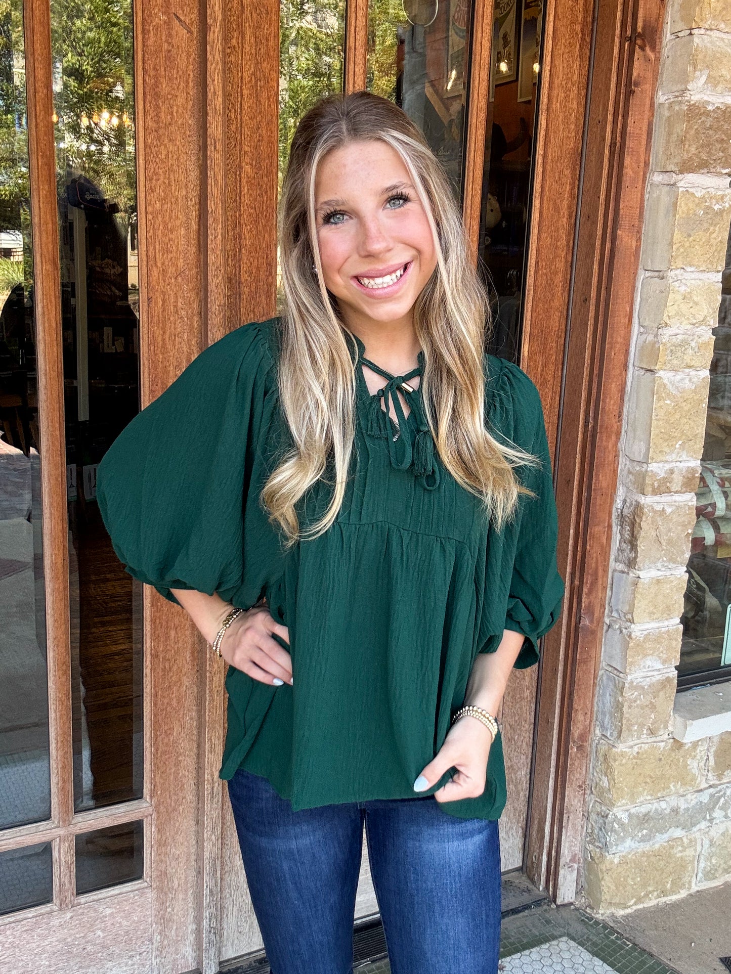 Tops | Blouse Hunter Green Flowy Pintuck Tie Front Split Neck