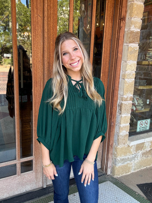 Tops | Blouse Hunter Green Flowy Pintuck Tie Front Split Neck