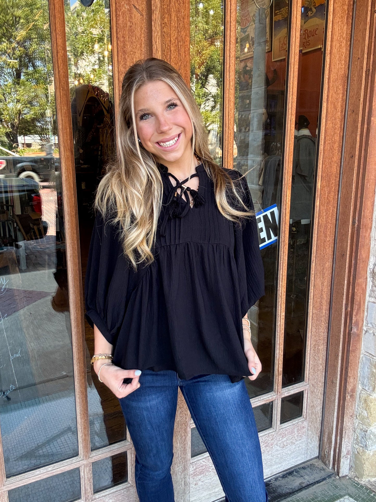 Tops | Blouse Black Flowy Pintuck Tie Front Split Neck Mid Arm Sleeves