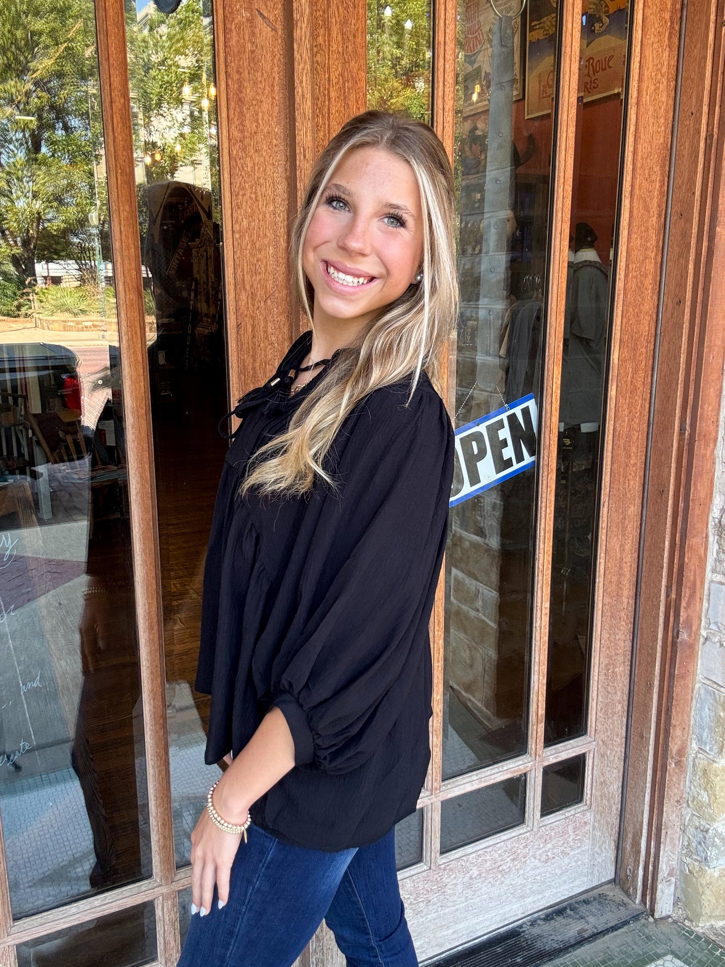 Tops | Blouse Black Flowy Pintuck Tie Front Split Neck Mid Arm Sleeves