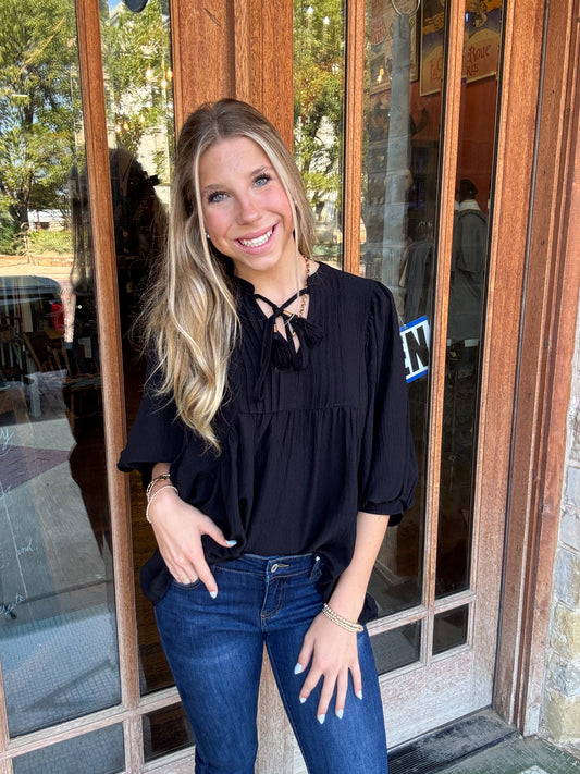 Tops | Blouse Black Flowy Pintuck Tie Front Split Neck Mid Arm Sleeves