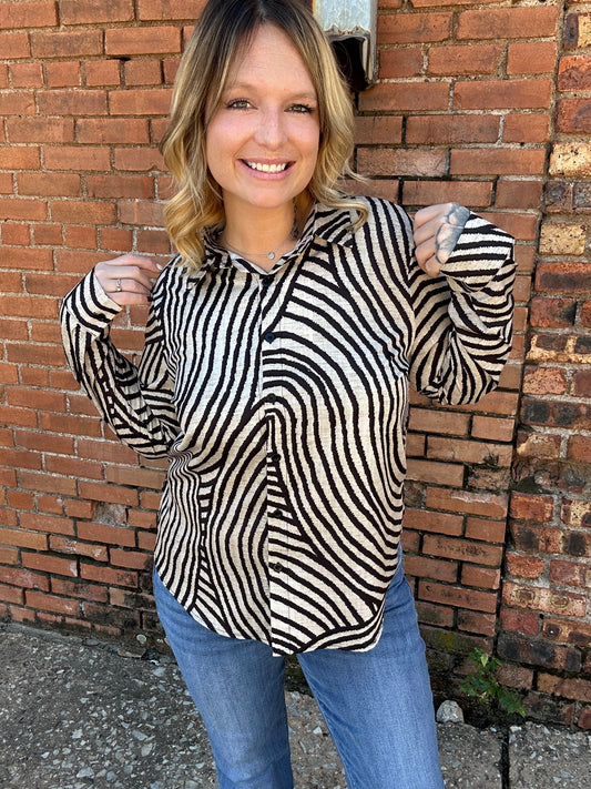 Tops | Blouse Zebra Printed Button Down