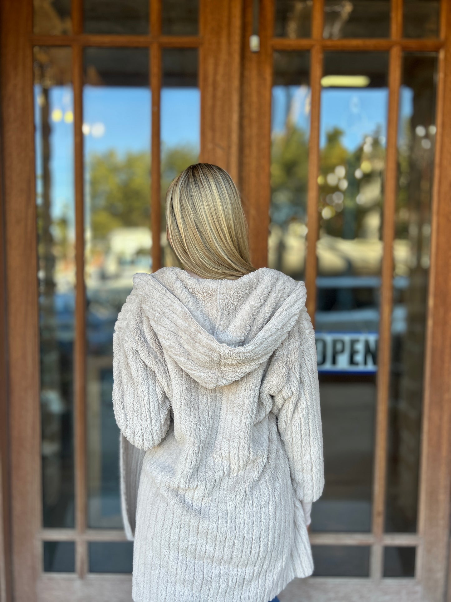 Tops | Cardigan Khaki Plush Hooded