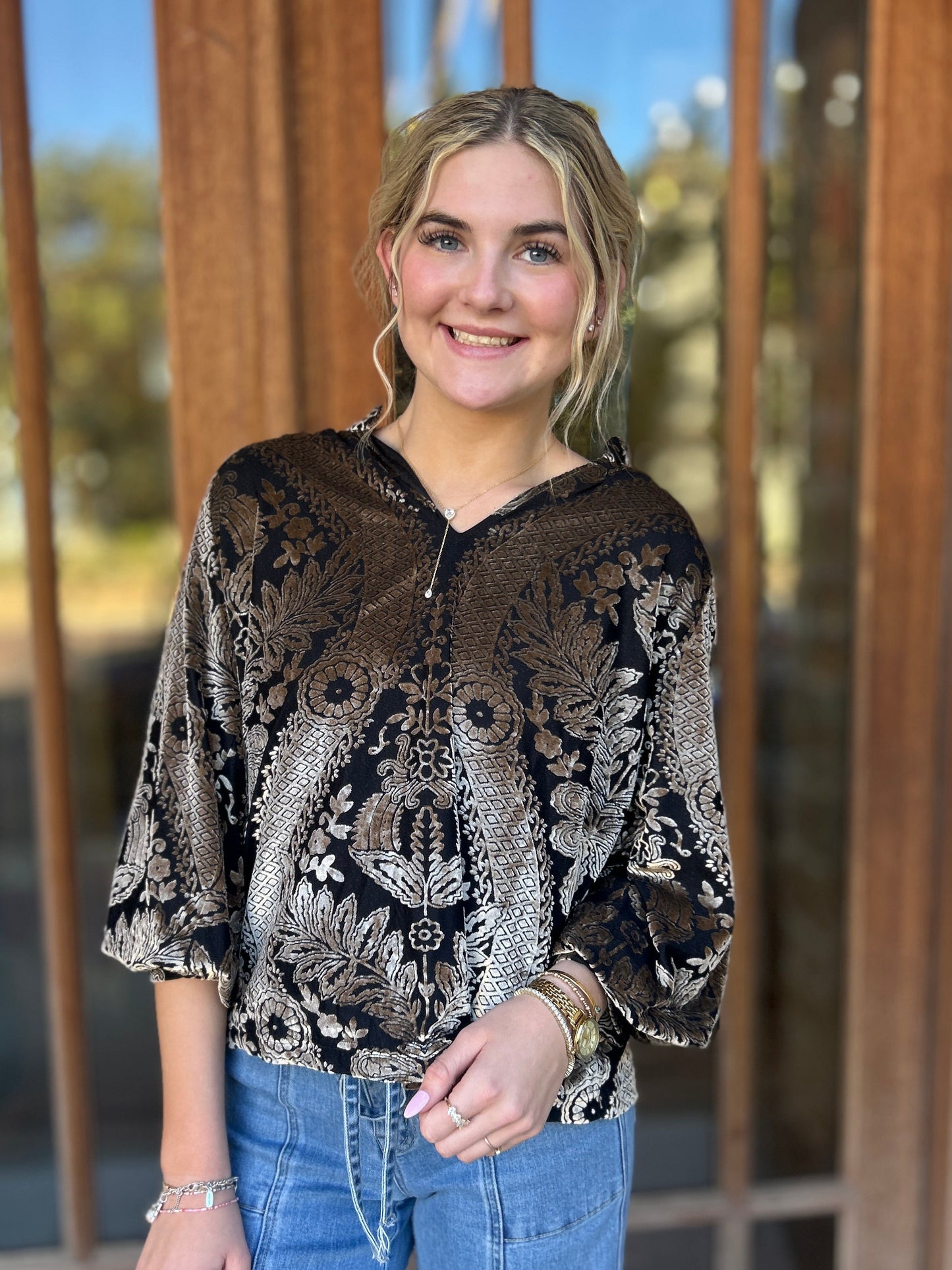 Tops | Blouse Black Damask Print Velvet Split Neck