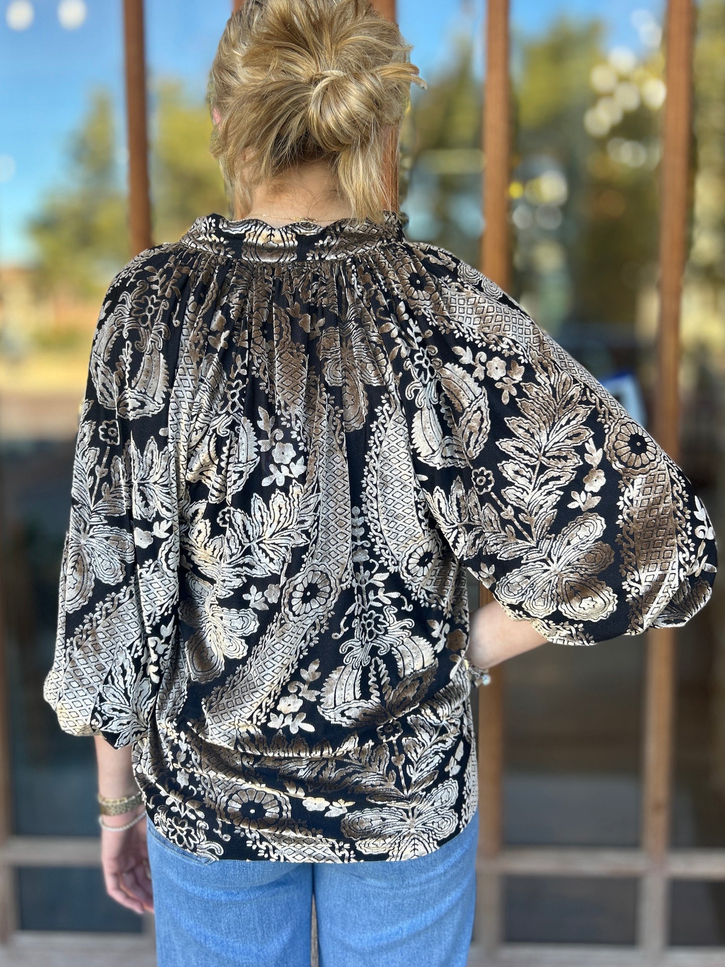 Tops | Blouse Black Damask Print Velvet Split Neck