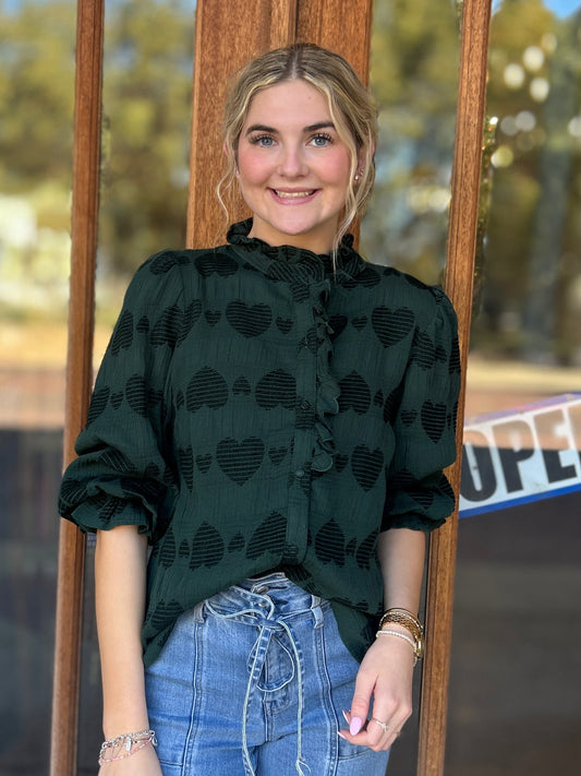 Tops | Blouse Hunter Green Heart Pattern Long Sleeve