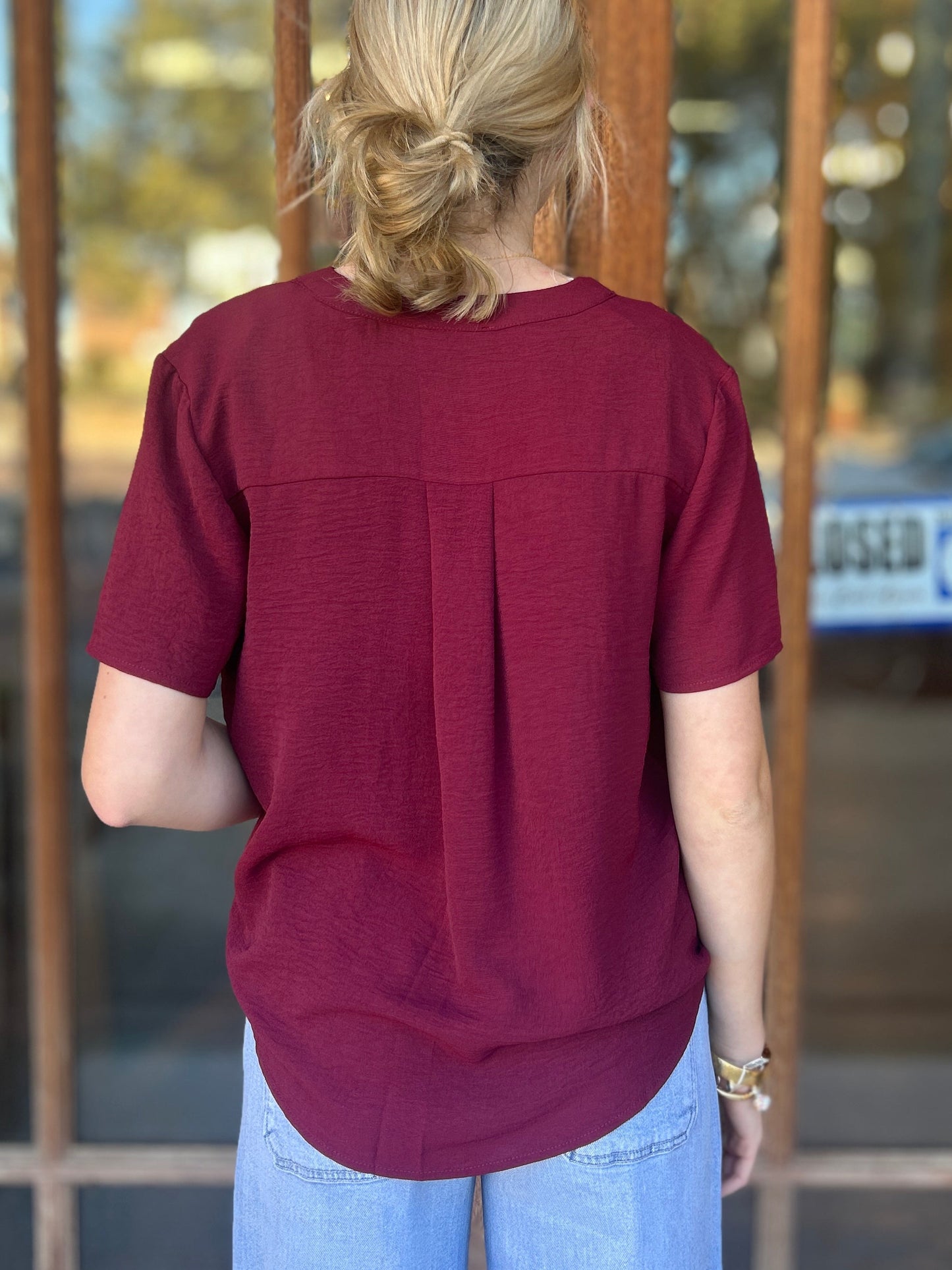 Tops | Blouse Burgundy Solid V-Neck