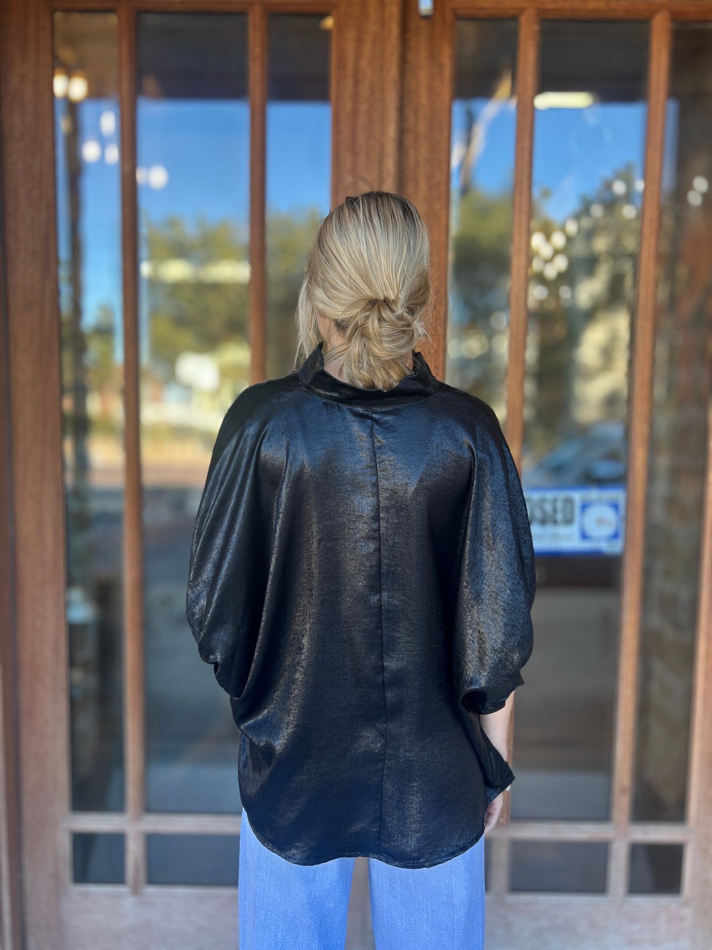 Tops | Blouse Black Metallic V-Neck