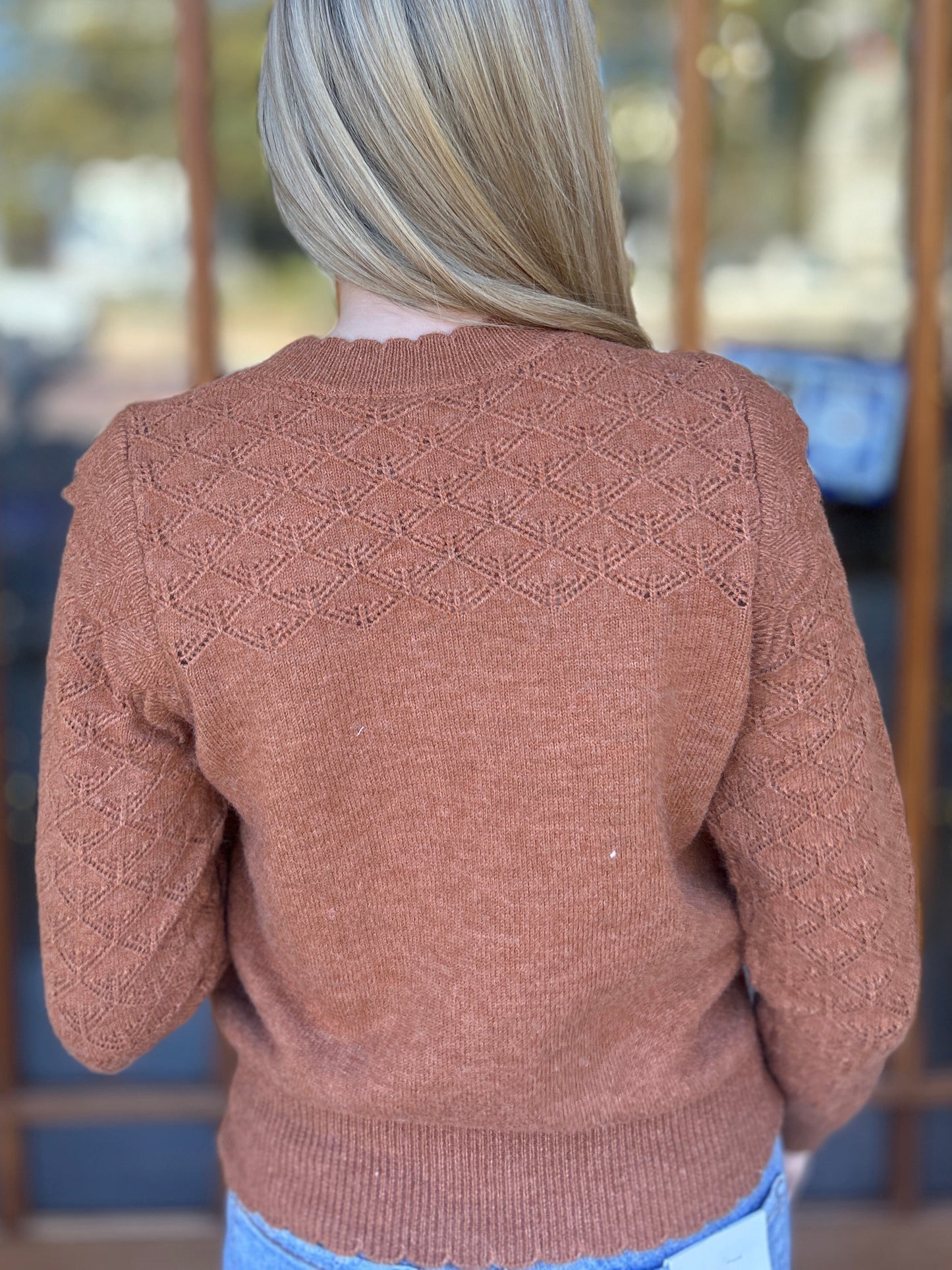 Ruffle Sleeve Pointelle Camel Sweater