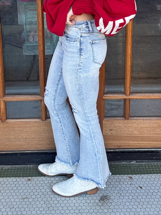 Distressed Mid Rise Flare Jeans
