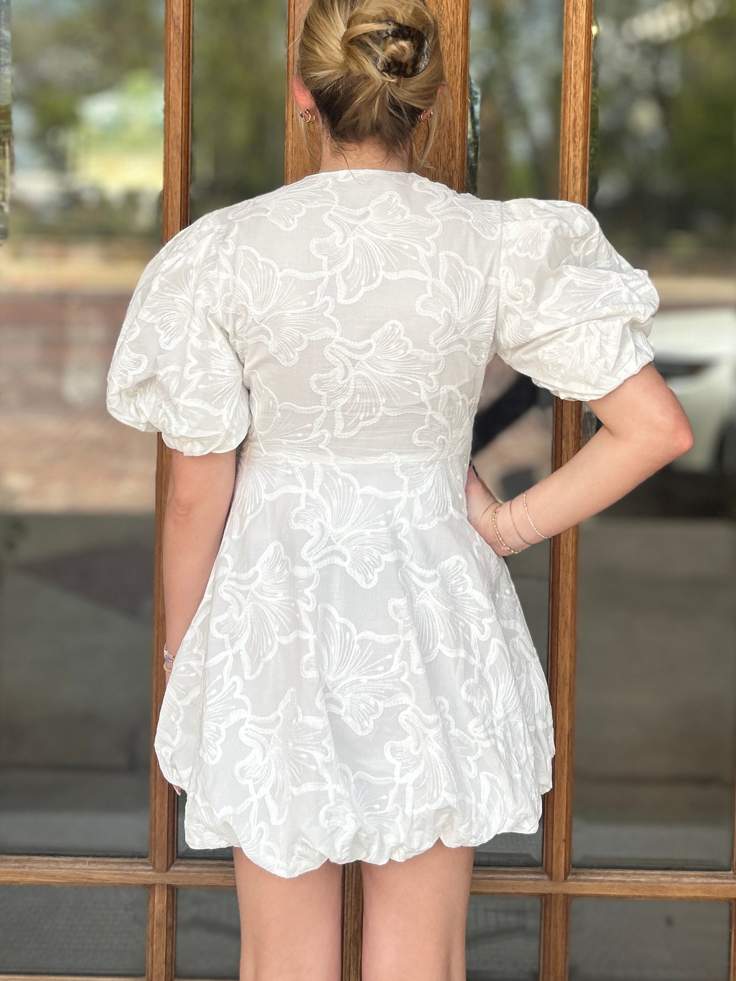 Dress - White Paisley Foral Puff Sleeve