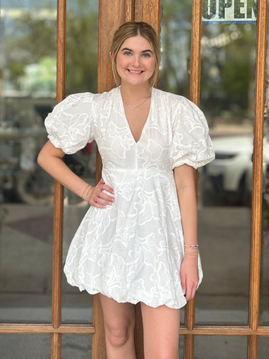 Dress - White Paisley Foral Puff Sleeve